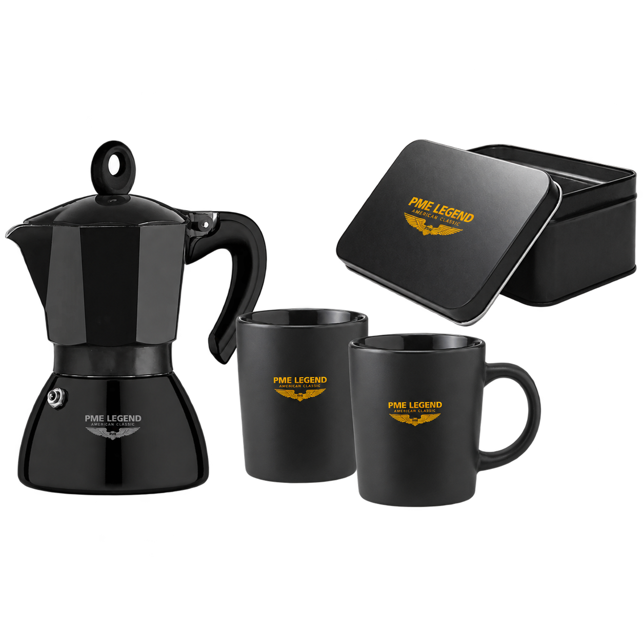 PME Legend percolator set with two mugs and a coffee maker in a metal box